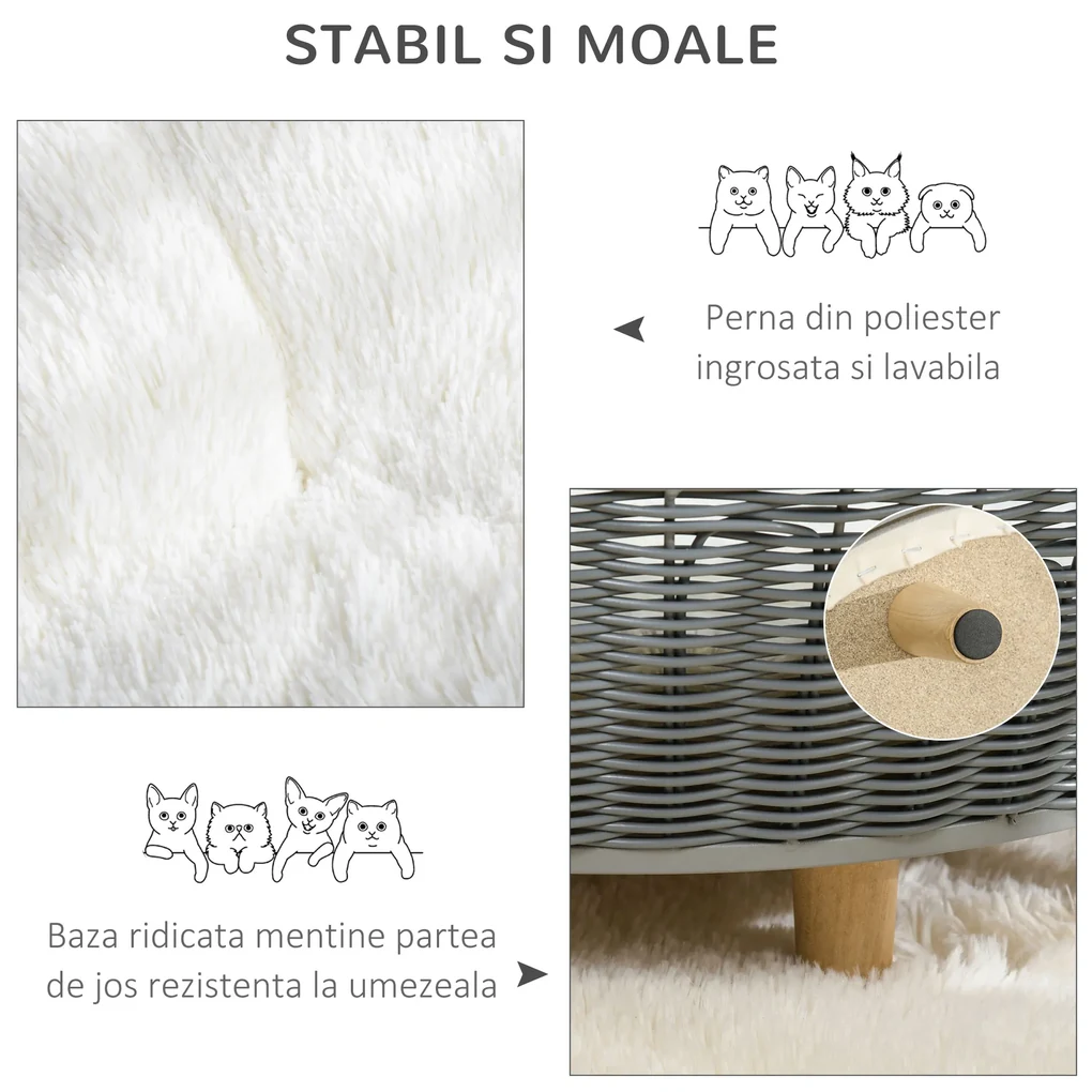PawHut Culcuș de Interior din Rachită Sintetică Gri pentru Pisici și Câini până la 10kg, Confort și Stil, 60x60x23.5cm | Aosom Romania