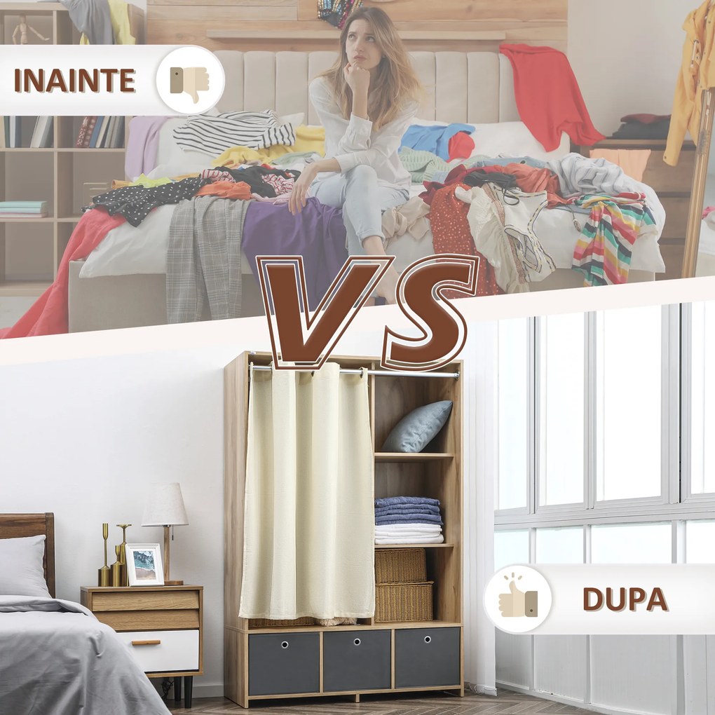 HOMCOM Dulap din PAL cu Sină pentru Agățat, 3 Sertare din Țesătură cu Aspect de In și 3 Rafturi, 105x48x160 cm | Aosom Romania