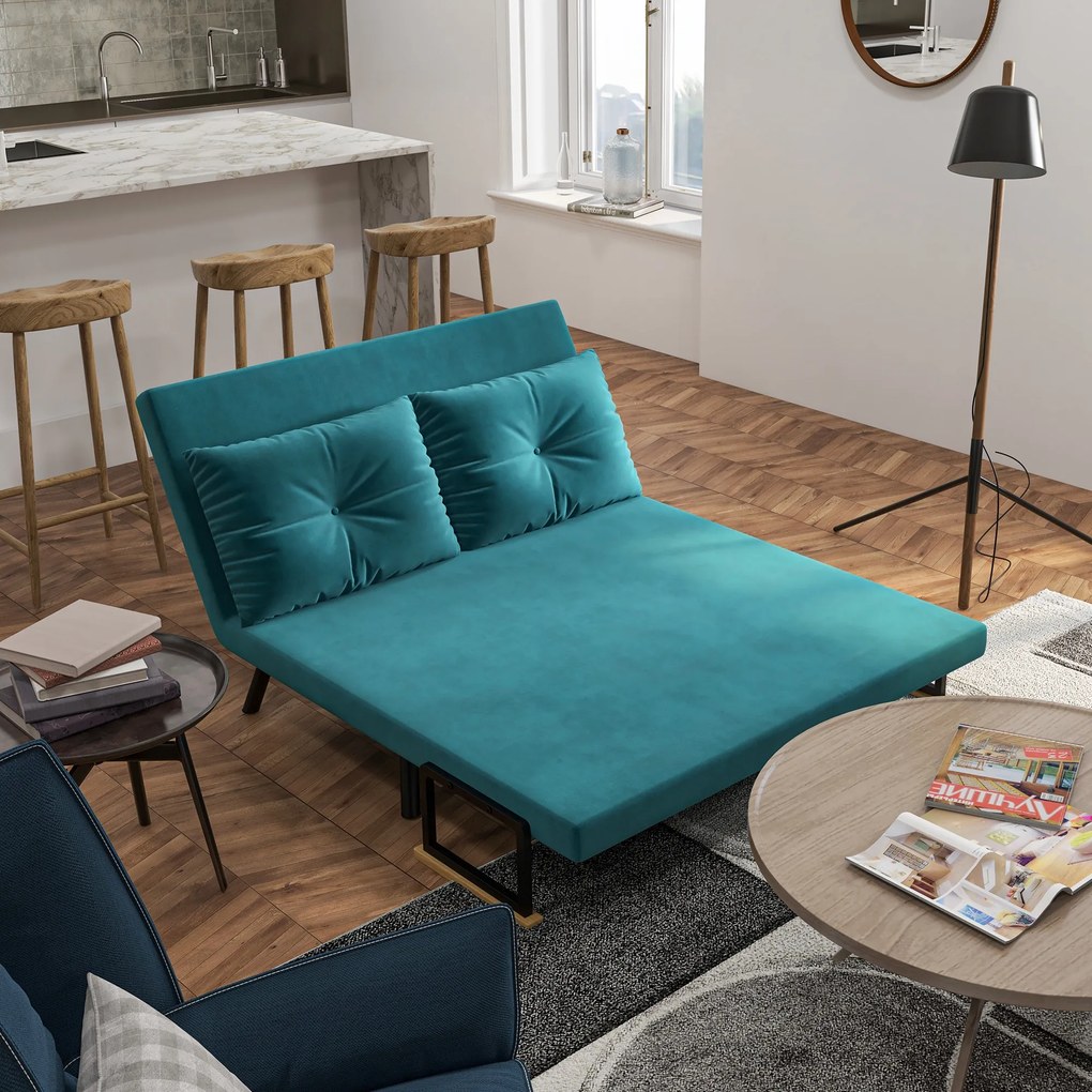 HOMCOM Canapea Dubla Extensibila 3 in 1 Catifea cu Spatar Reglabil pe 5 Niveluri si Perne Capitonate, Verde marin | Aosom Romania
