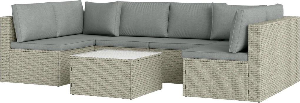 Outsunny Set mobilier grădină de 6 persoane, din rășină împletită, canapele confortabile și masă joasă cu sticlă securizată, maro | Aosom Romania