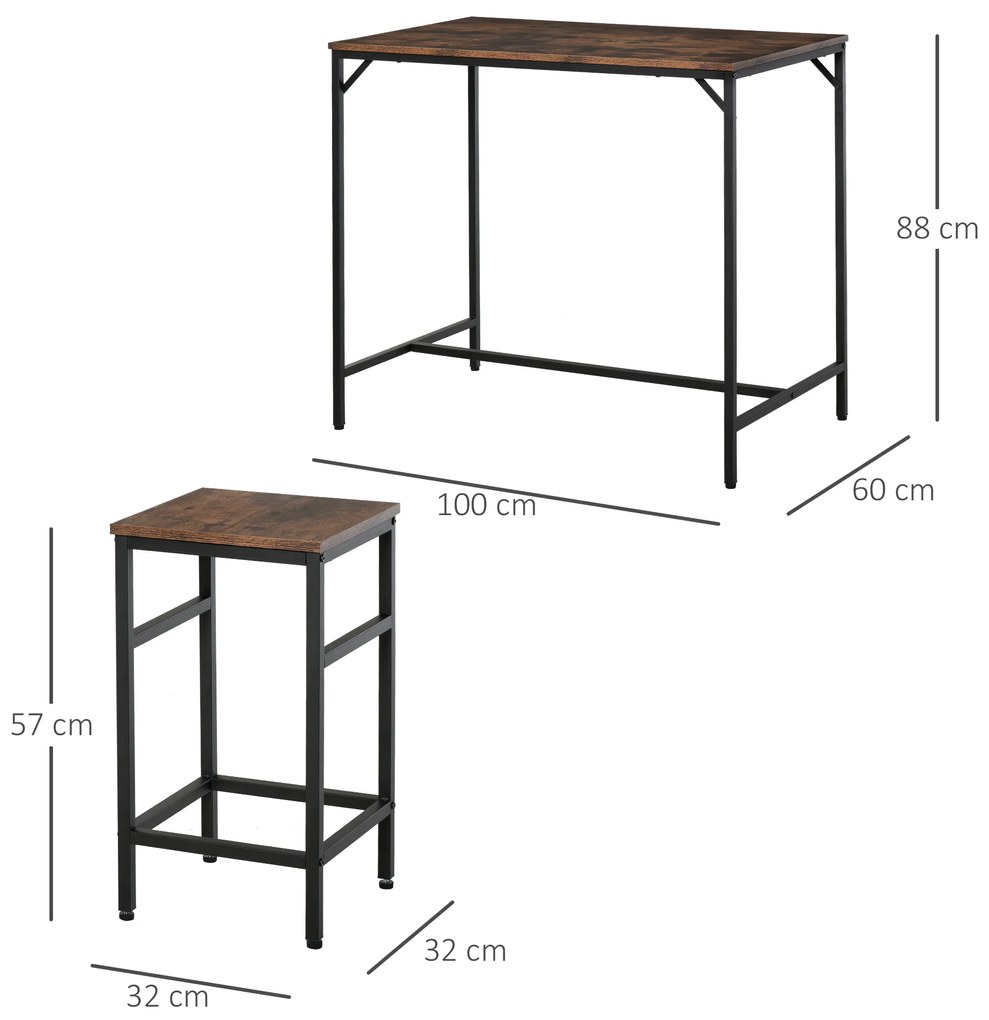 HOMCOM Masă Bar cu 4 Taburete, Stil Industrial, Picioare Antialunecare, Ideal pentru Bucătărie și bar, Maro, 100x60x88 cm | Aosom Romania
