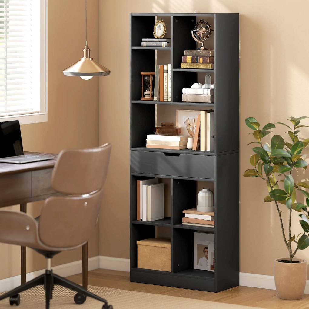 HOMCOM Bibliotecă Modernă din Lemn cu Sertar Central și Kit Antirăsturnare, 60x26x158 cm, Negru | Aosom Romania