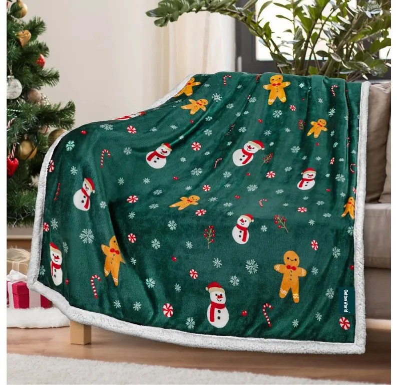 2x patura de miel verde inchis de Craciun din microplus OM DE ZAPADA SI TURTA DULCE 160x200 cm