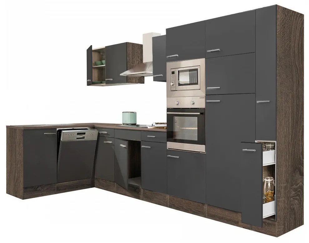 Mobilă de bucătărie de colț Yorki 370, corp din stejar Yorki, cu față antracit satinat