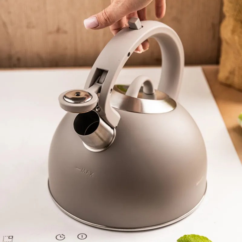 Ceainic cu fluier Klausberg KB-7912, 2.5 l, Maner cu efect de lemn, Inductie, Gri deschis