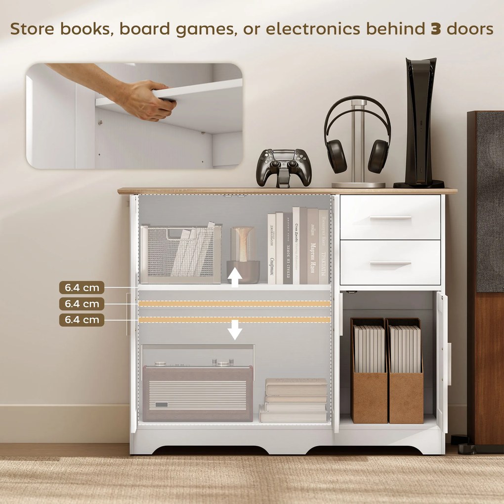 HOMCOM Comodă Modernă din Lemn cu 2 Sertare și 2 Dulapuri, 100x40x78 cm, Alb și Culoare Lemn | Aosom Romania