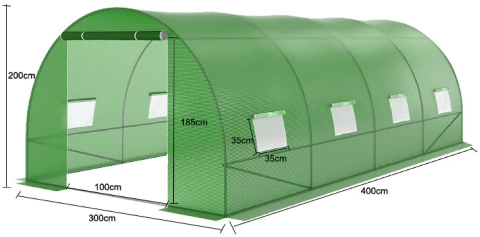 Folie solar de grădină, 3x4 m, 12 m², PE armată, rezistentă 140g/m2, cu filtru UV4, impermeabila, 8 ferestre rulante, Verde, GH34C,