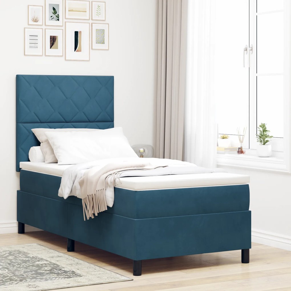 vidaXL Pat box spring cu saltea &amp;LED albastru închis 100x200cm catifea