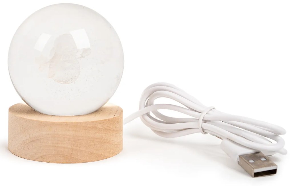 Glob de sticlă luminos, USB, pe suport din lemn