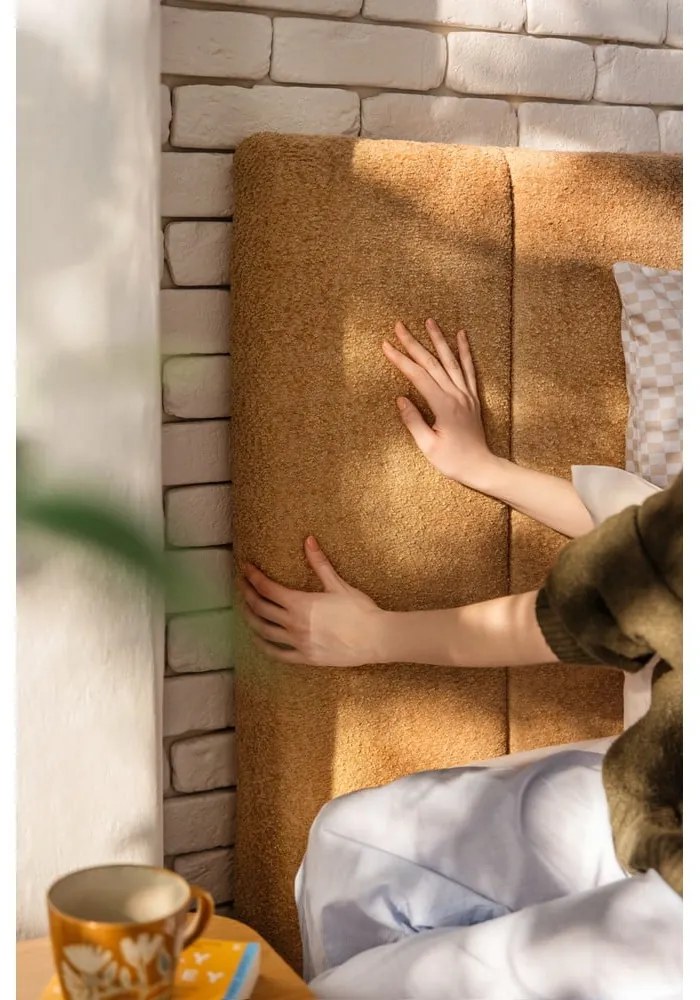 Pat matrimonial galben muștar tapițat cu spațiu de depozitare cu somieră 180x200 cm Thessa Bold Line – Bonami Selection