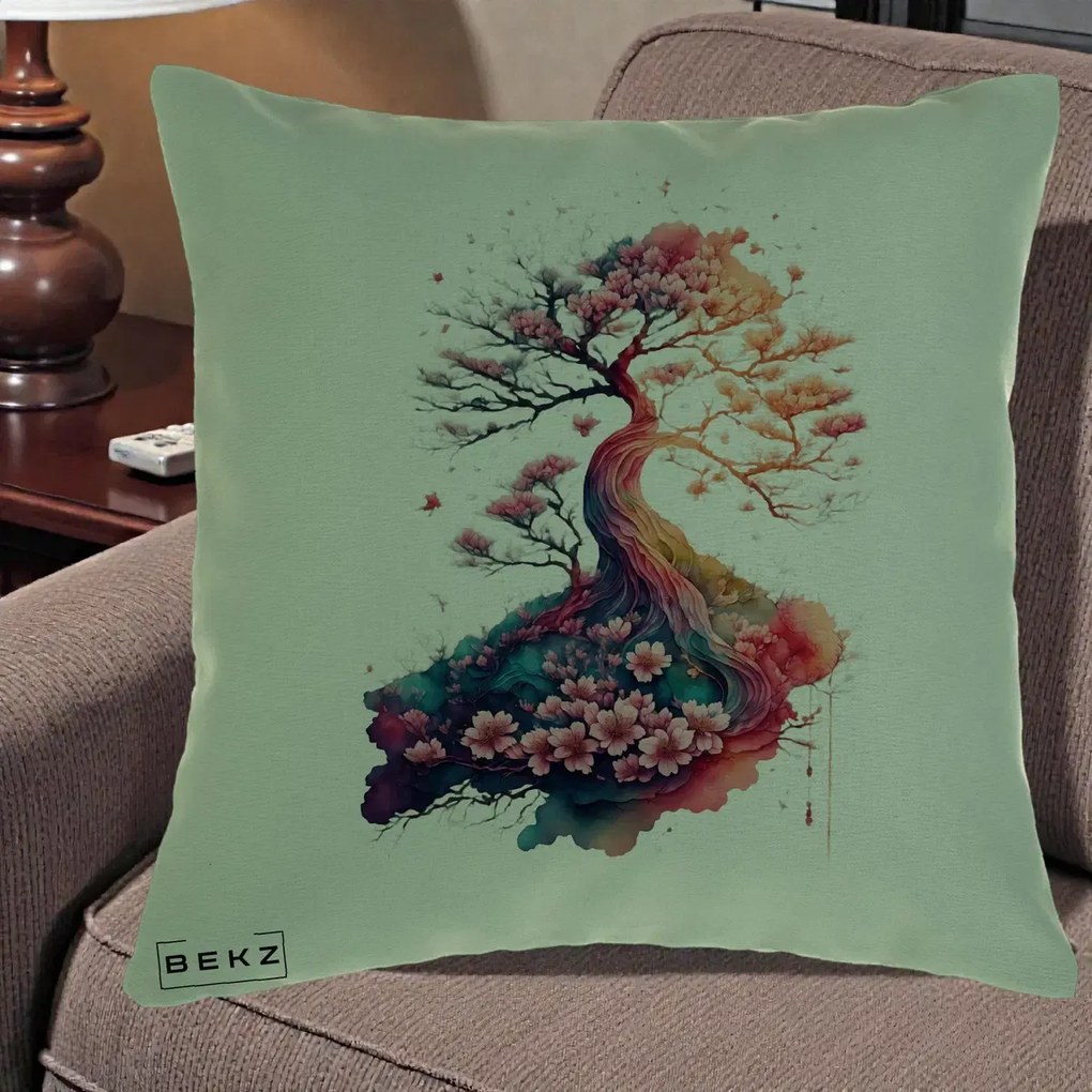 Perna Decorativa Copac Sakura Acuarela Fantasy, 40x40 cm, Verde, Husa Detasabila, Perna Inclusa, BEKZ®
