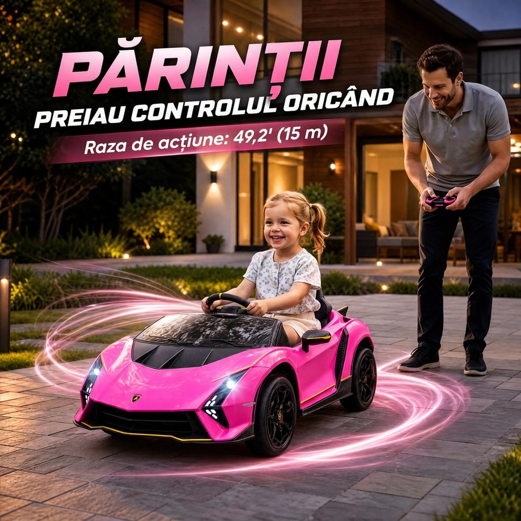 AIYAPLAY Mașină Electrică pentru Copii 3-6 Ani 12V Lamborghini Autentica, 2 Motoare, Uși Tip Foarfecă, Suspensii, Roz | Aosom Romania