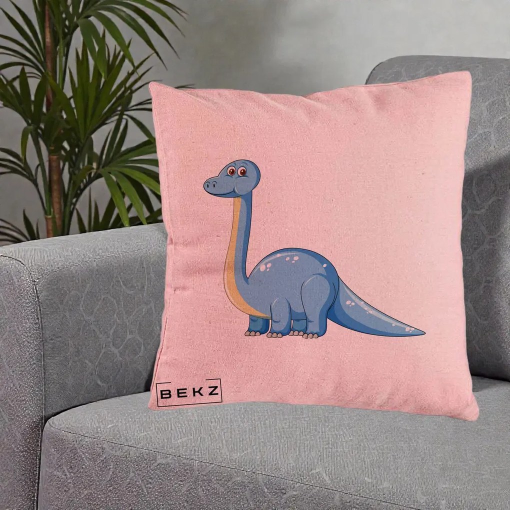 Perna Personalizata Brontosaur Albastru, 40x40 cm, Roz, Husa Detasabila, Perna Inclusa, BEKZ®