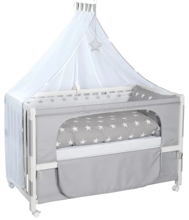 Pătuț alb cu roți și baldachin 60x120 cm Little stars – Roba