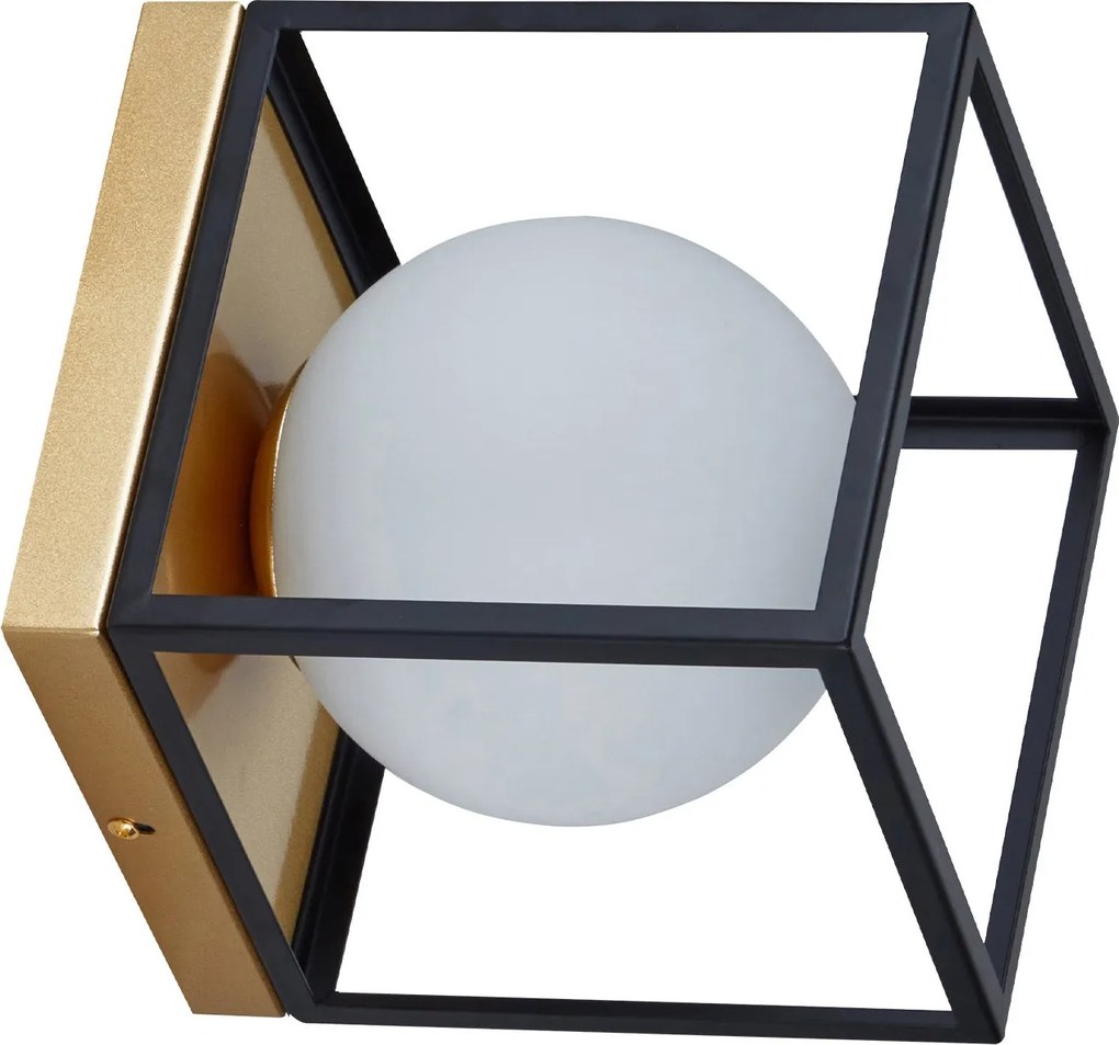 Aplică perete Klausen Fence AP1 Urban 18x18x21cm, design modern metal negru auriu, sticlă alb opal, soclu E27 15W, iluminat interior sofisticat