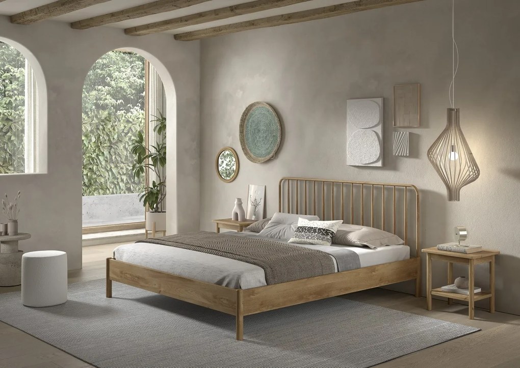 Pat dublu OLIVE, 180 x 200 cm, cu tăblie cu lamele rotunjite și aspect lemn de stejar, design modern, fără somieră inclusă, cu noptieră cu două