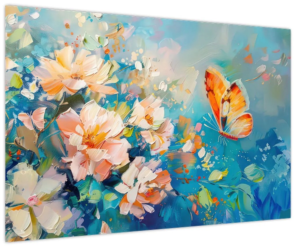 Tablou - Fluture și flori, pictură în ulei II. (90x60 cm)