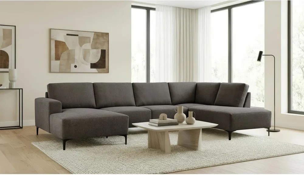 Colțar gri antracit cu tapițerie din chenille (cu colț pe partea dreaptă/în formă de "U") Fabian – Scandic