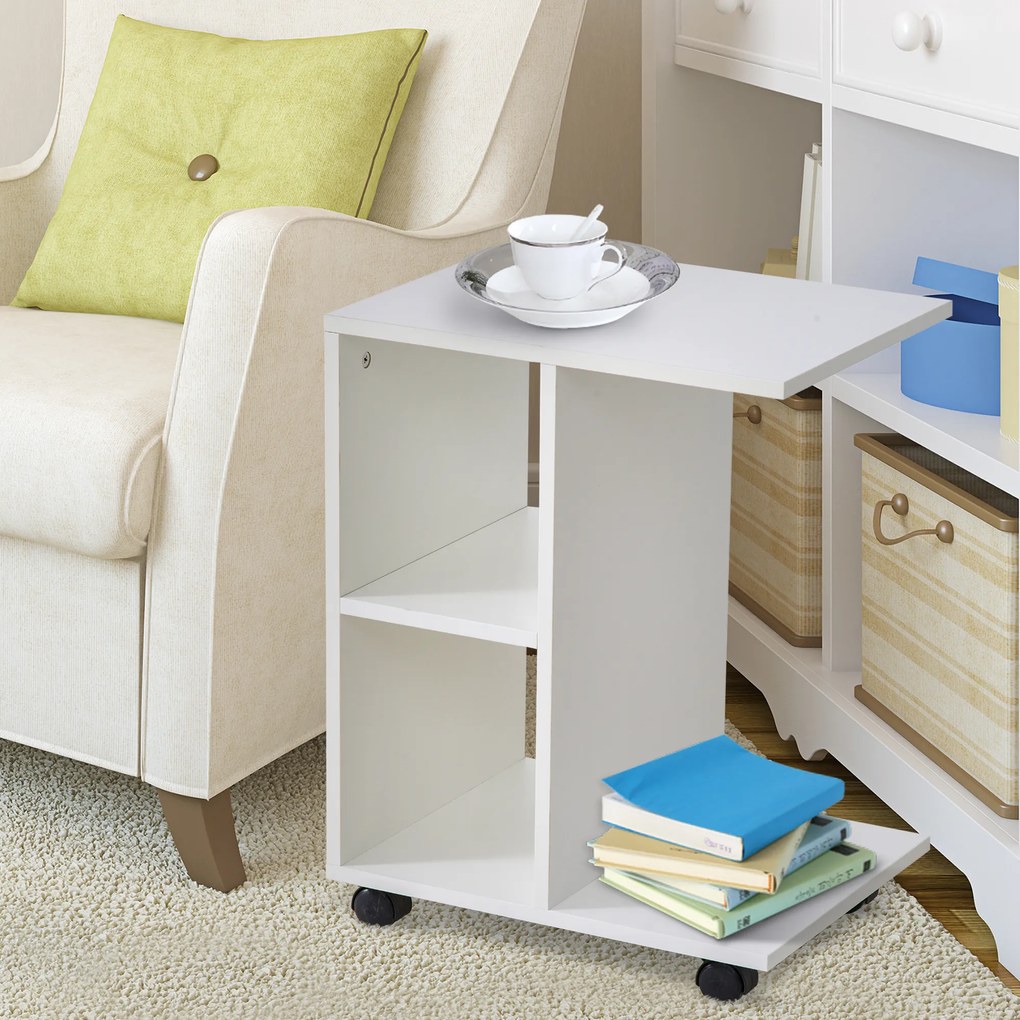 HOMCOM Masa Livingroom cu 2 rafturi deschise si 4 roti pivotante, PAL, 45x35x58cm, alb | Aosom Romania