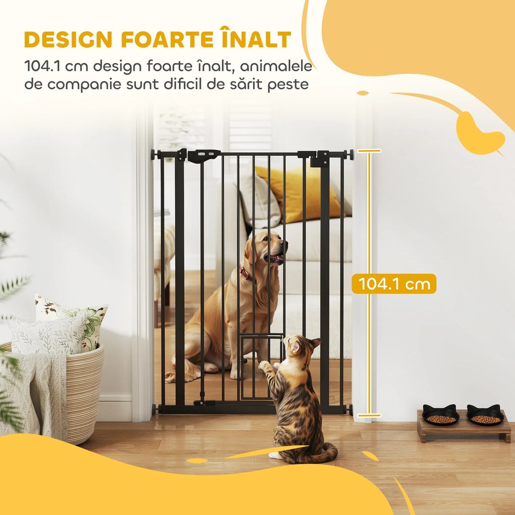 PawHut Poartă Reglabilă pentru Câini cu Ușă Mică și Montare prin Presiune, 74-80x104.1 cm, Negru | Aosom Romania