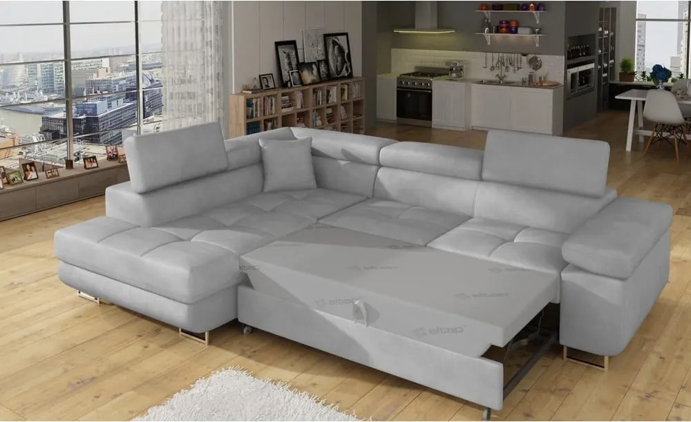 Colțar gri deschis extensibil/cu spațiu de depozitare cu tapițerie din catifea (cu colț pe partea stângă/în formă de ”L”) Anton – ELTAP