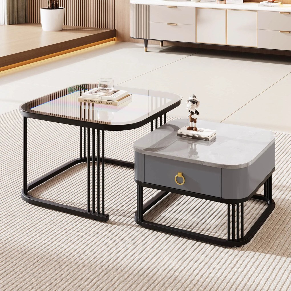 Set de 2 Măsuțe de Cafea Suprapozabile cu Blat din Marmură Lucioasă și Sticlă, Structură din Metal și Sertare, 60x60x42 cm + 50x50x34 cm, Negru