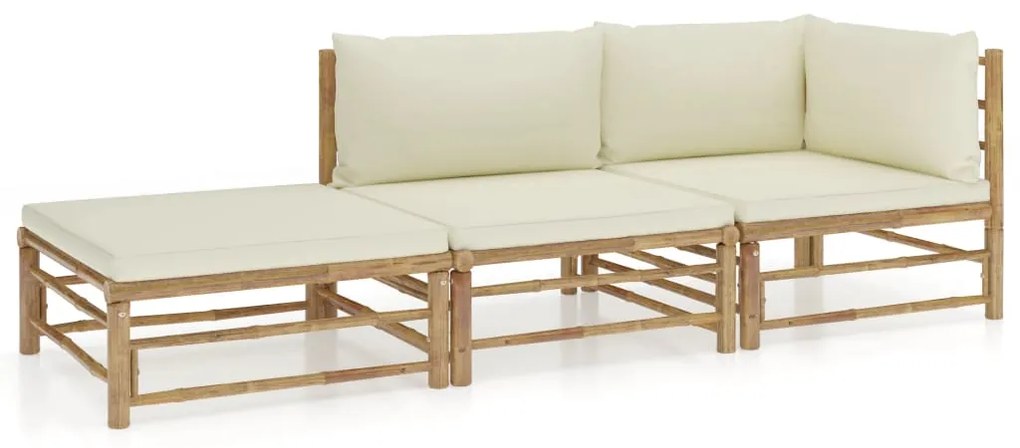 vidaXL Set mobilier de grădină, cu perne alb crem, 3 piese, bambus