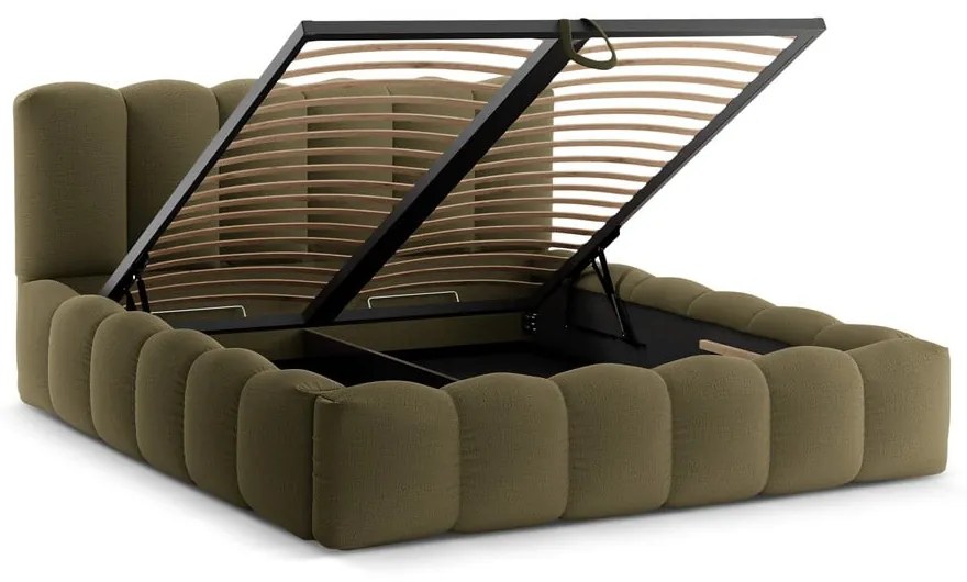 Pat matrimonial verde tapițat cu spațiu de depozitare cu somieră 200x200 cm Lupine – Micadoni