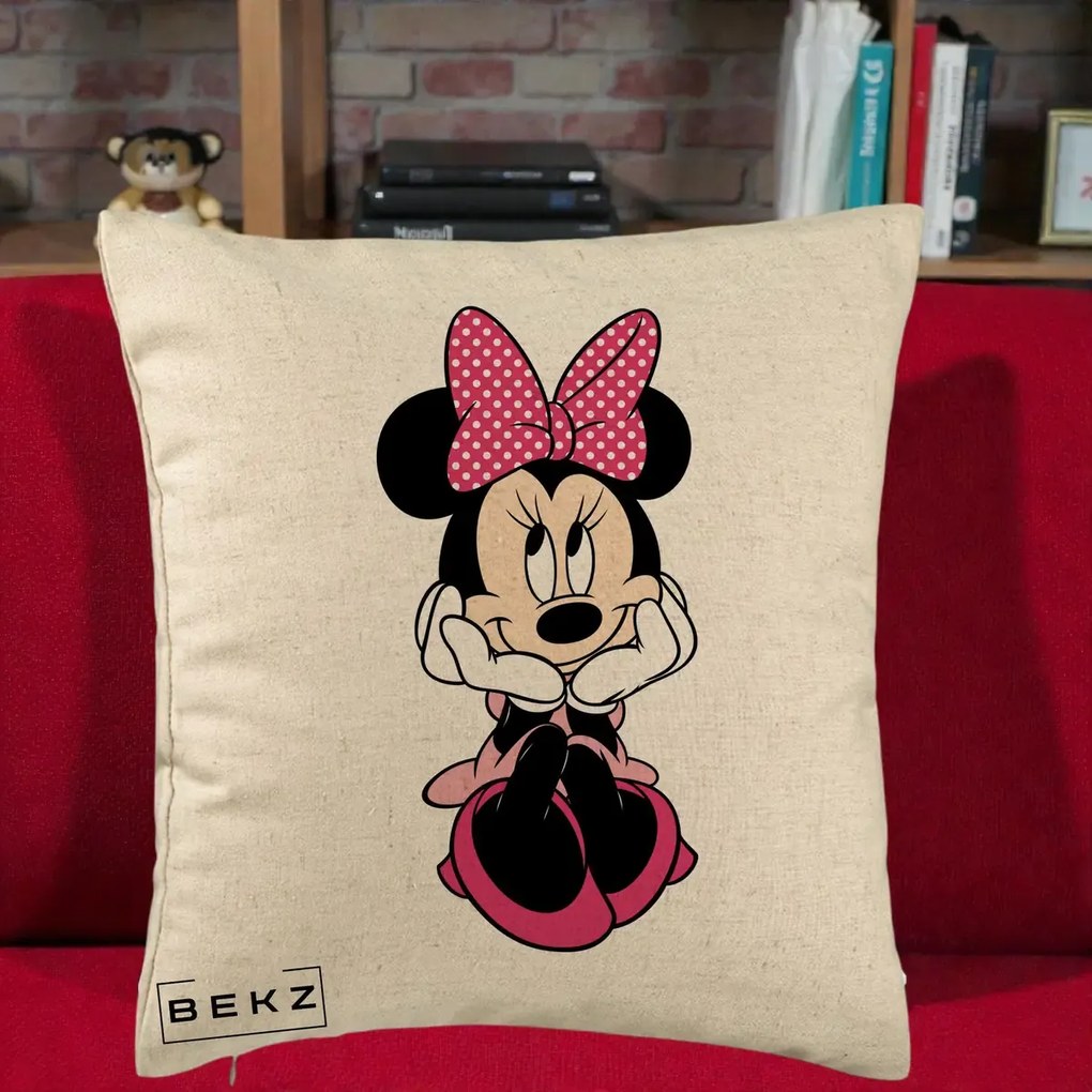 Perna Personalizata Minnie Mouse cu Fundita, 40x40 cm, Bej, Husa Detasabila, Perna Inclusa, BEKZ®