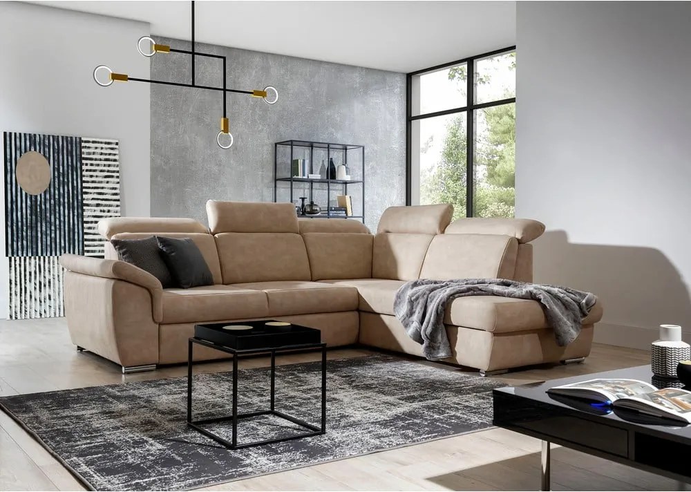 Colțar bej extensibil/cu spațiu de depozitare cu tapițerie din catifea (cu colț pe partea dreaptă/în formă de ”L”) Loreto – ELTAP