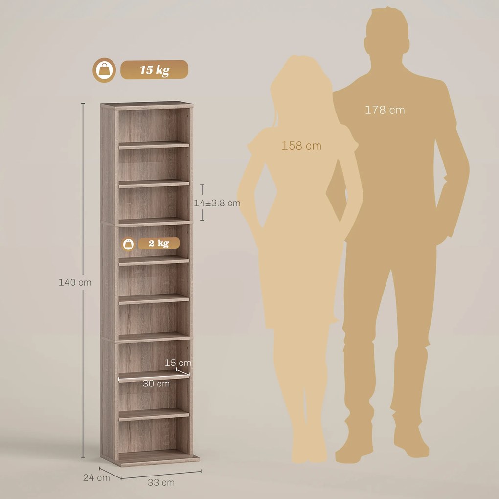 HOMCOM Raft pentru CD-uri cu 6 Rafturi Ajustabile, Capacitate 260 CD-uri/120 DVD-uri, 33x24x140 cm, Lemn Natural | Aosom Romania