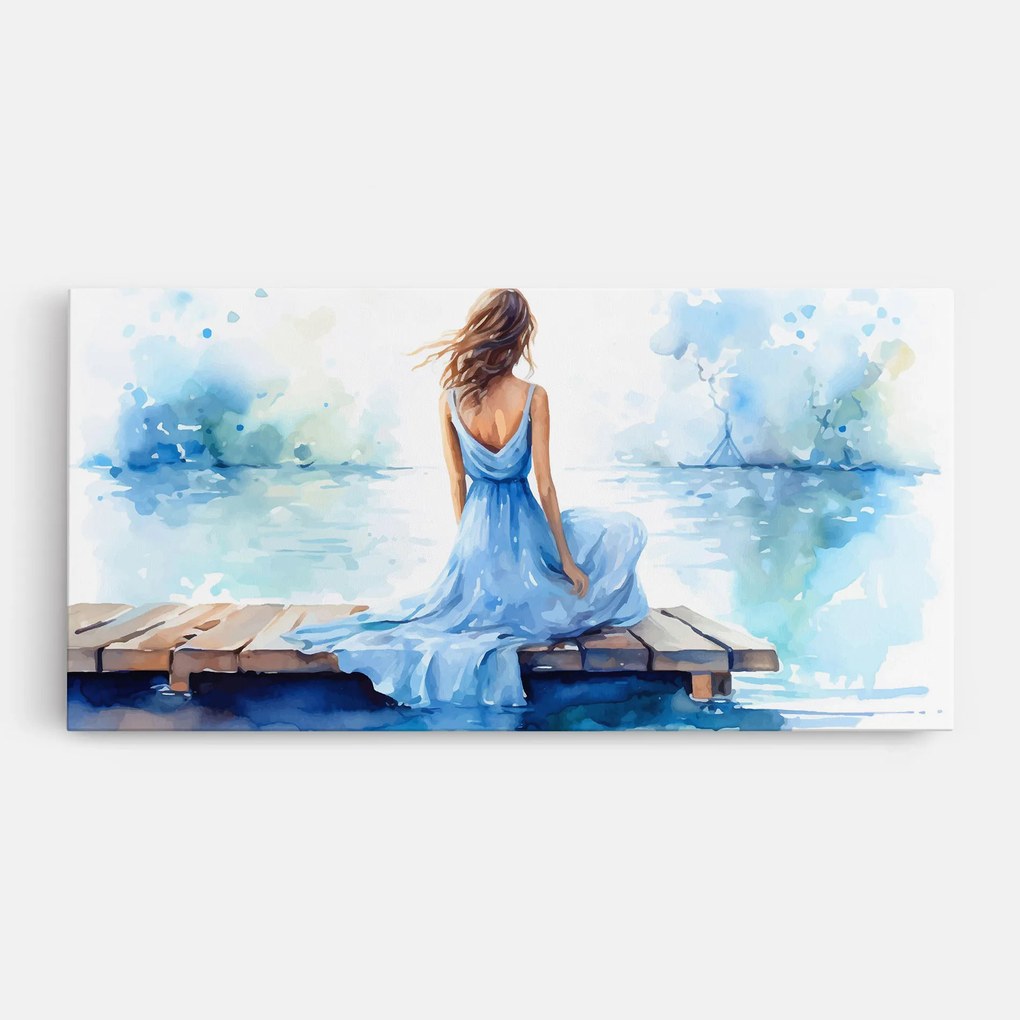 Tablou Canvas, 100x200cm, Dormitor si Living, Moderne, Textura de pictura, Lake Blue Woman