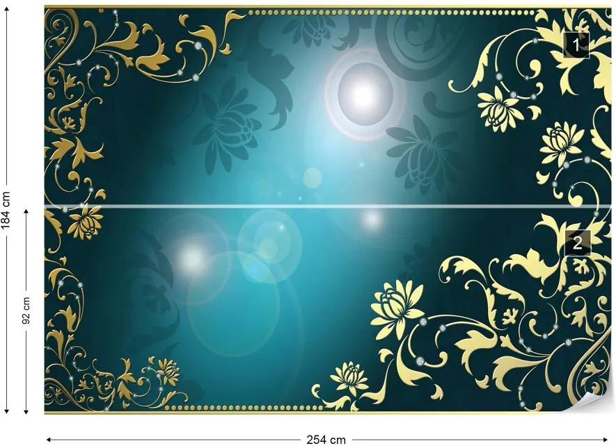 Fototapet GLIX - Floral Pattern Gold And Blue + adeziv GRATUIT Tapet nețesute - 254x184 cm