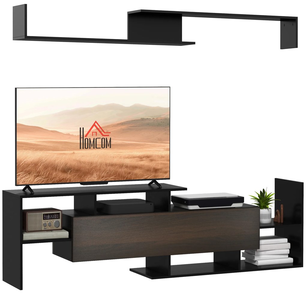 HOMCOM Ansamblu mobilier TV cu banc și raft de perete stil contemporan 153,6L cm - negru | Aosom Romania