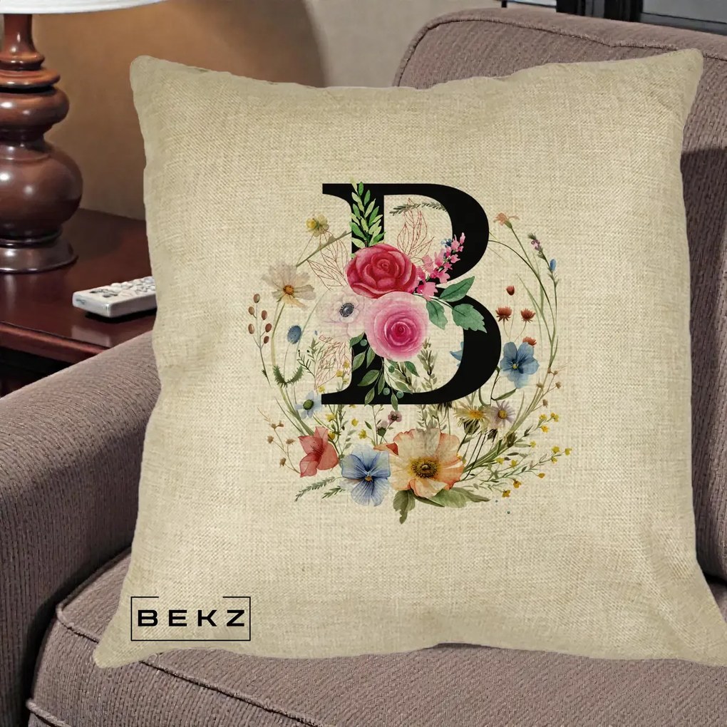 Cadou Personalizat - Perna Personalizata Monogram Litera B cu Flori Acuarela, 40x40 cm, Crem, Husa Detasabila, Perna Inclusa, BEKZ®