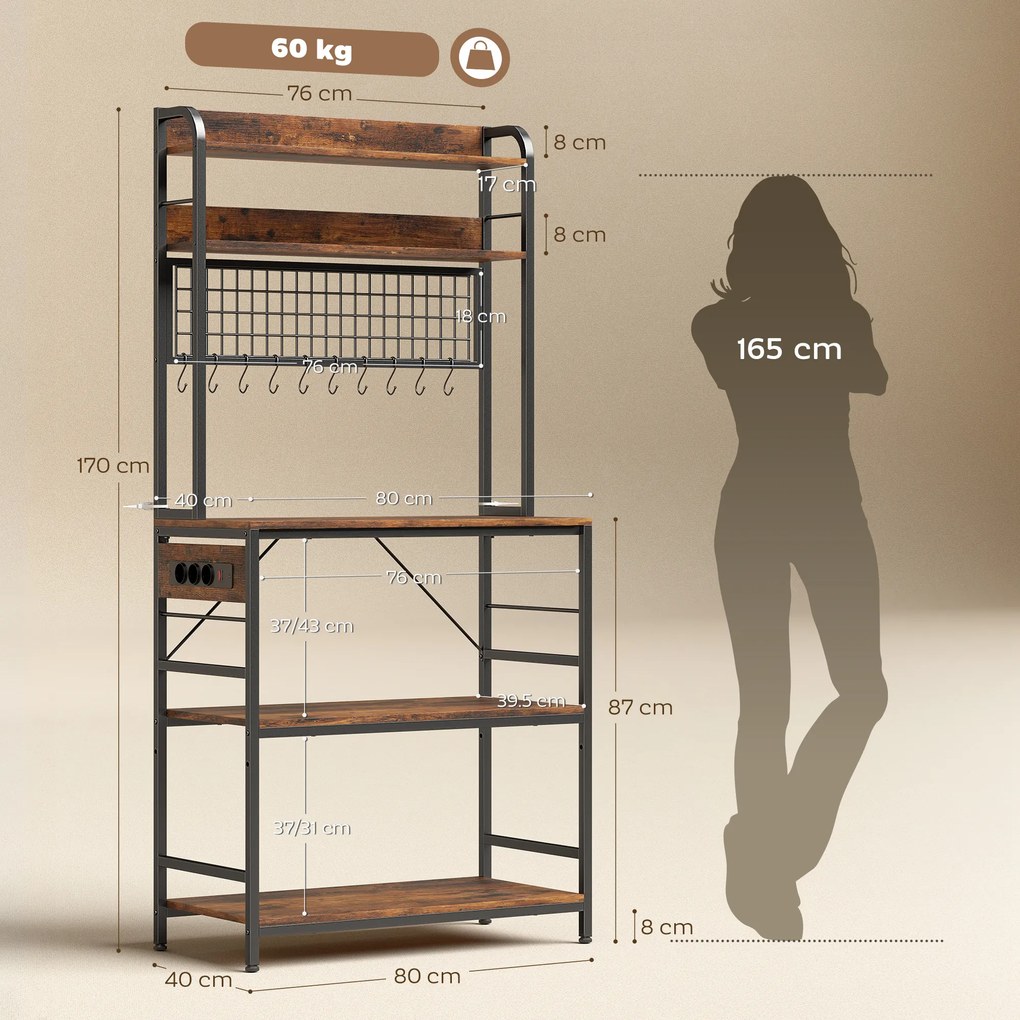 HOMCOM Raft de Bucătărie cu Prize și Rafturi Reglabile, Raft pentru Cuptor cu Microunde cu 5 Niveluri, Panou cu Grilaj și 10 Cârlige, Mobilier Vintage Structură din Oțel, 80x40x170 cm, Maro Rustic | Aosom Romania