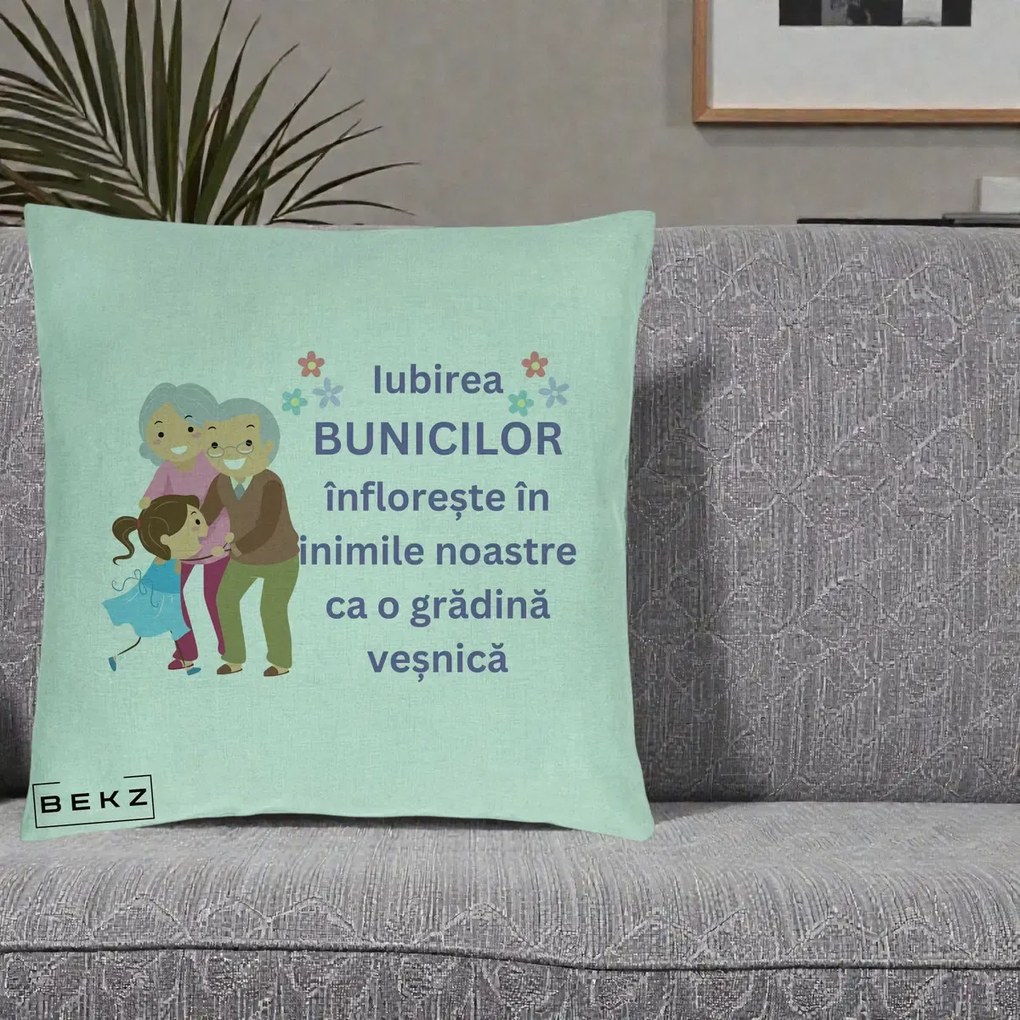 Cadou pentru Bunici - Perna Personalizata Bunicii Iubirea Infloreste Bunici cu Nepoata Colorat, 40x40 cm, Verde Menta, Husa Detasabila, Perna Inclusa, BEKZ®