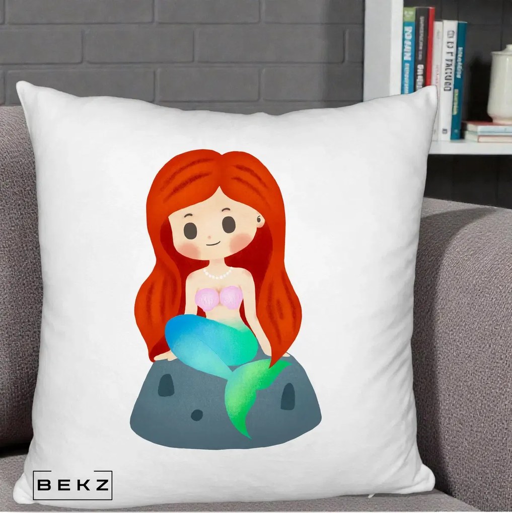 Perna Personalizata Sirena Kawaii Roscat, 40x40 cm, Alb Pufos, Husa Detasabila, Perna Inclusa, BEKZ®