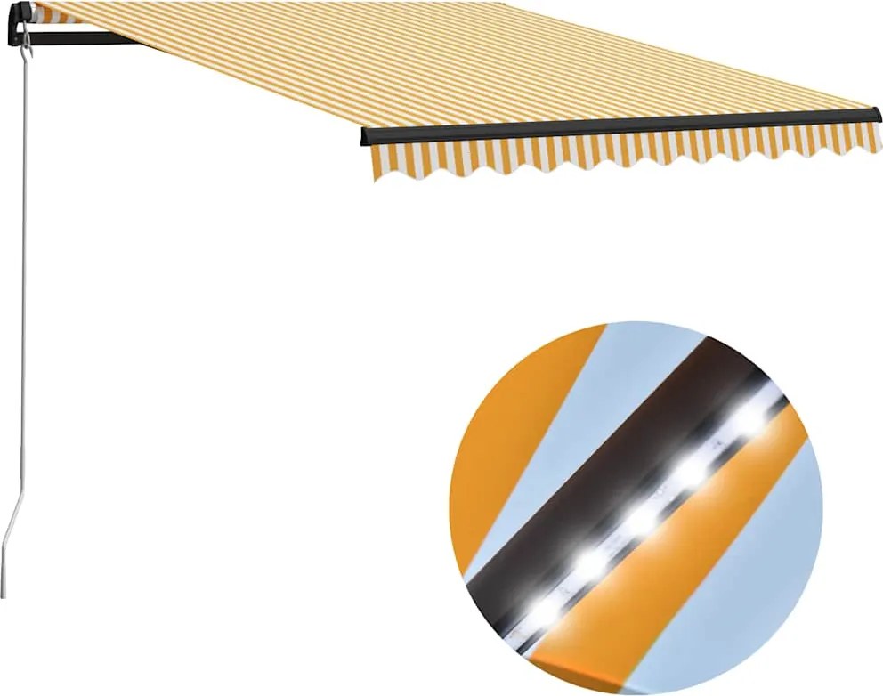 vidaXL Copertină retractabilă manual cu LED, galben/alb, 300 x 250 cm
