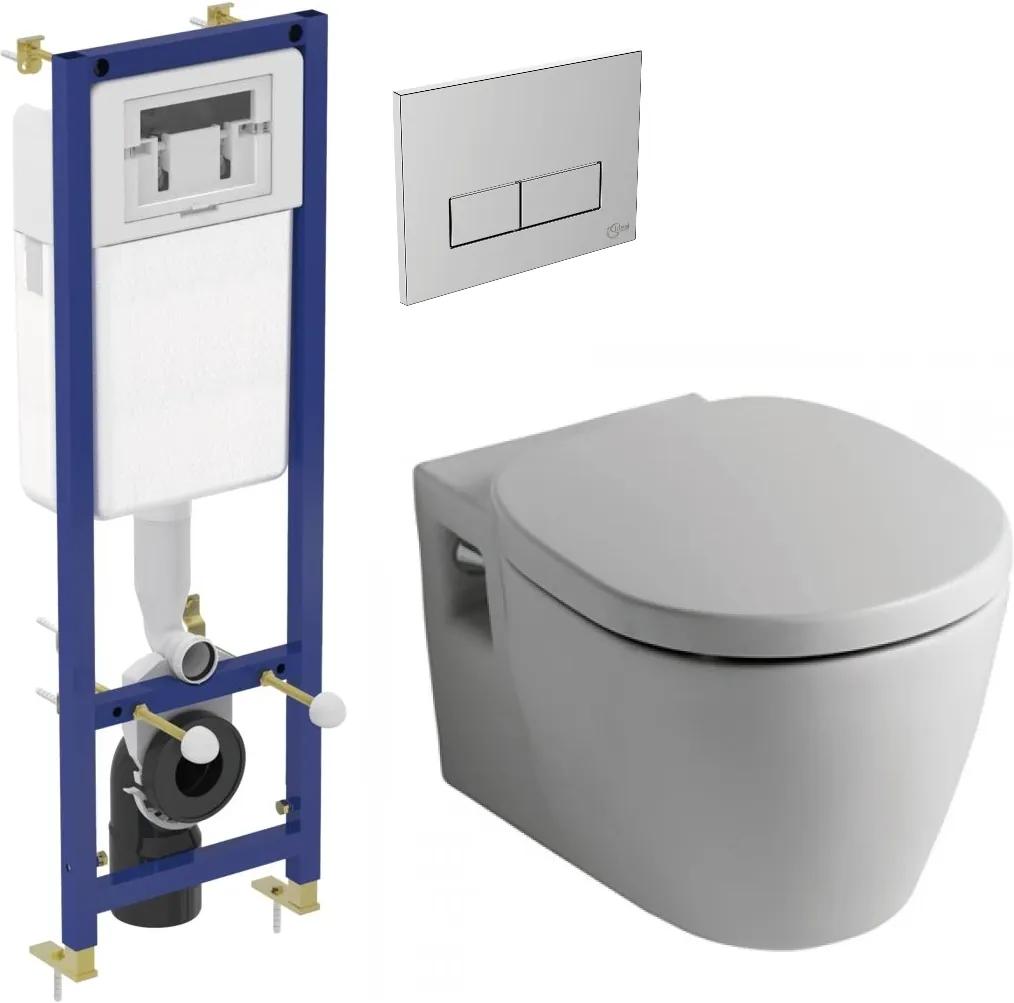 Set vas WC suspendat Ideal Standard Connect, capac simplu si rezervor incastrat cu clapeta crom