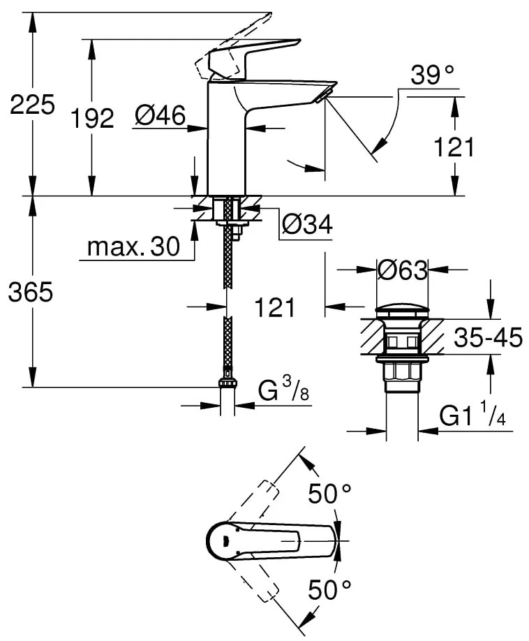 Baterie lavoar Grohe Start , 3/8'', marimea M, monocomanda, cartus ceramic, evacuare push to open, crom-24204002