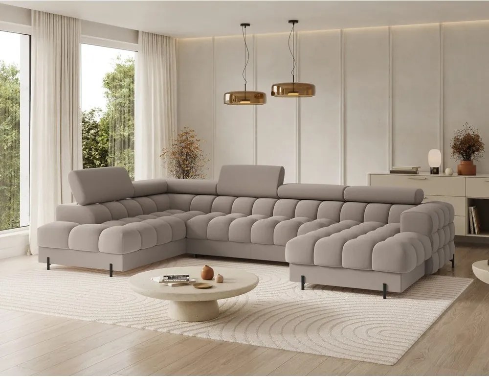 Colțar maro deschis extensibil cu tapițerie din catifea (cu colț pe partea stângă/în formă de "U") Feraria – ELTAP