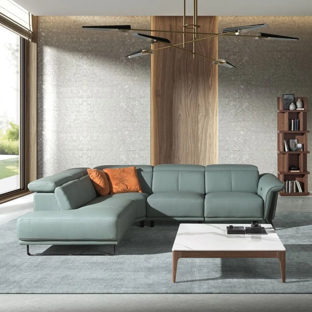 Coltar LUX design italian cu sezlong stanga si functia relax Cowhide verde turcoaz