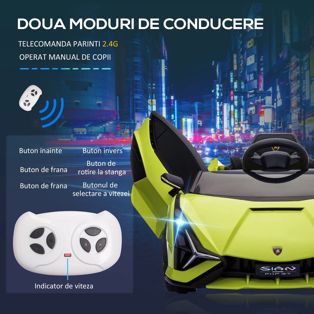 Masina electrica pentru copii 12V Lamborghini, telecomanda, viteza 3-8 km/h, 108x62x40cm, Verde HOMCOM | Aosom Romania