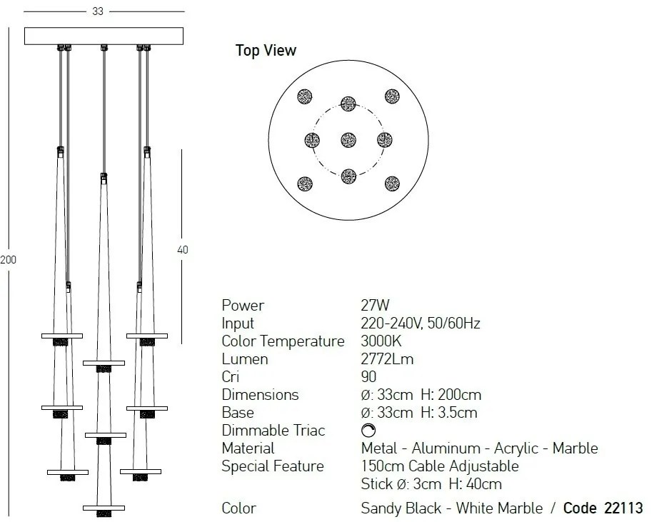 Lustra moderna cu 9 pendule LED STORM negru/ marmura alba