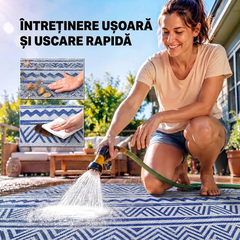 Outsunny Covor pentru Exterior 182x274 cm Reversibil, Covor Pliabil din Polipropilen 310 g/m² Albastru si Alb | Aosom Romania