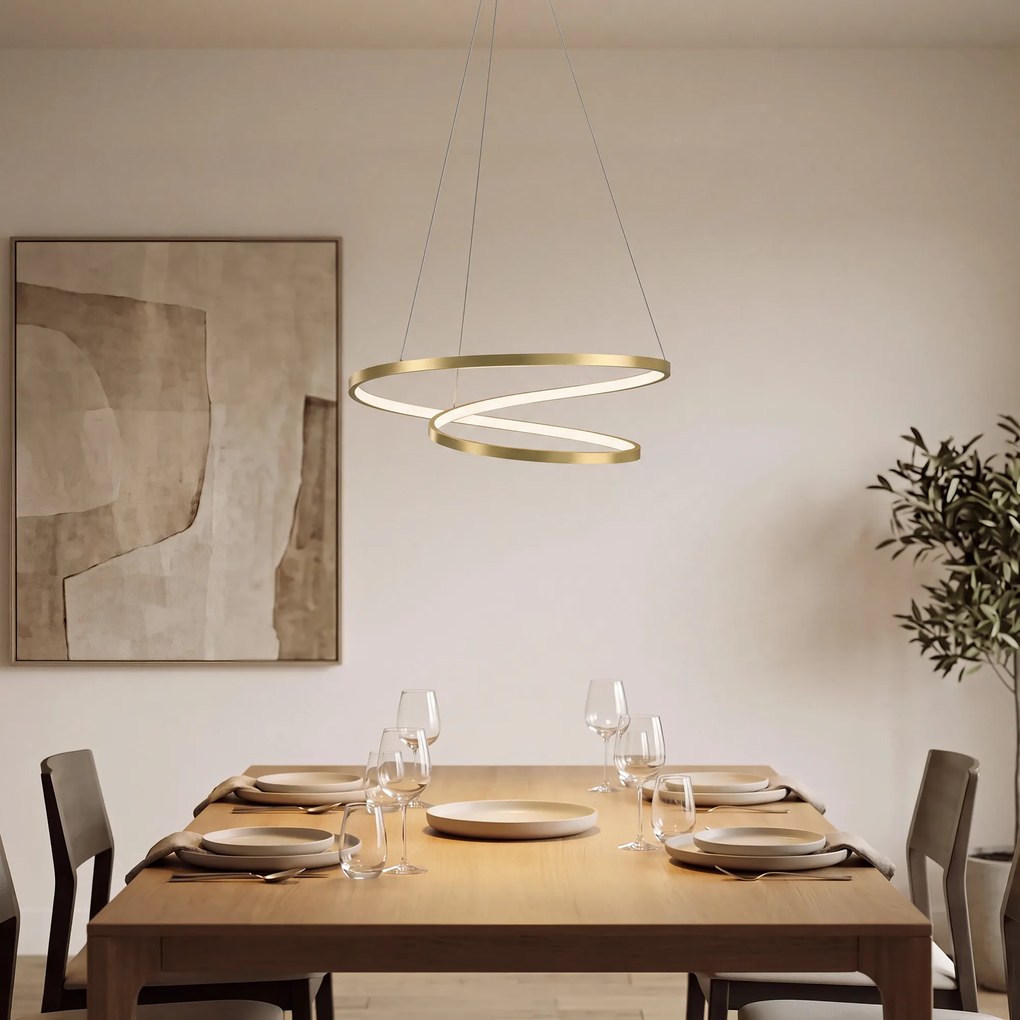 HOMCOM Lampă suspendată LED 38W cu 2 inele și 3 temperaturi de culoare, 3000-6500K, înălțime reglabilă, auriu | Aosom Romania
