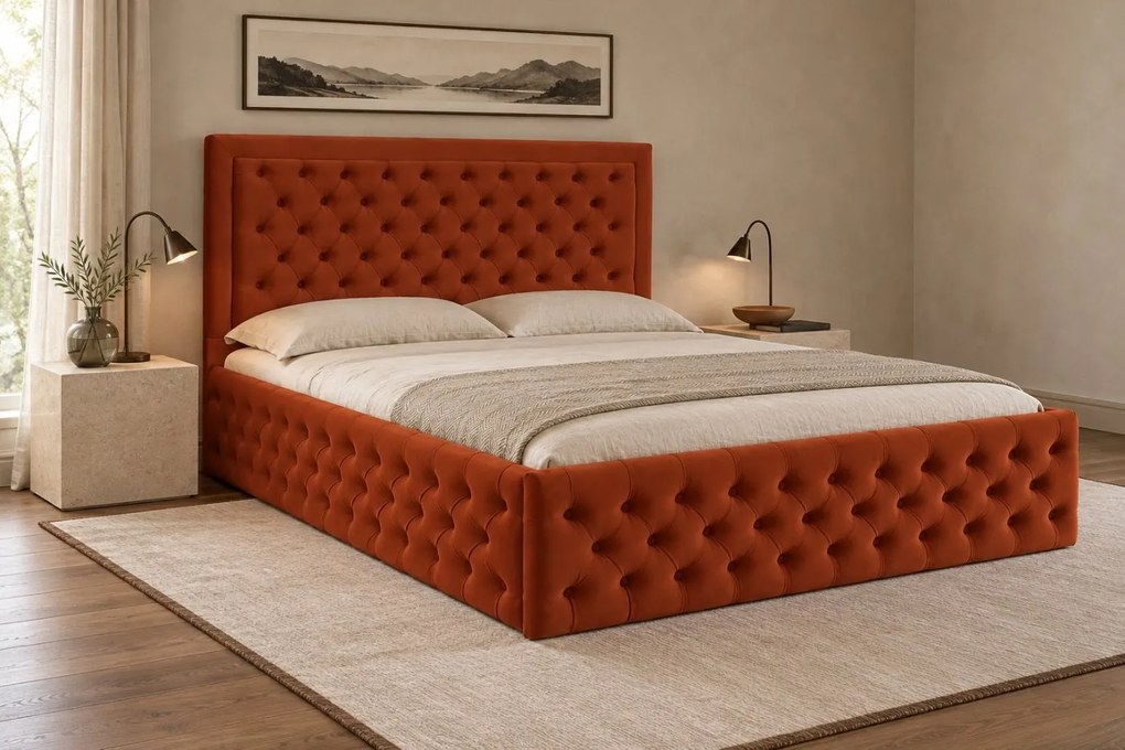 Pat tapițat Chesterfield din catifea Ophelia Deluxe 180×200 cm, cărămiziu, cu ladă de depozitare