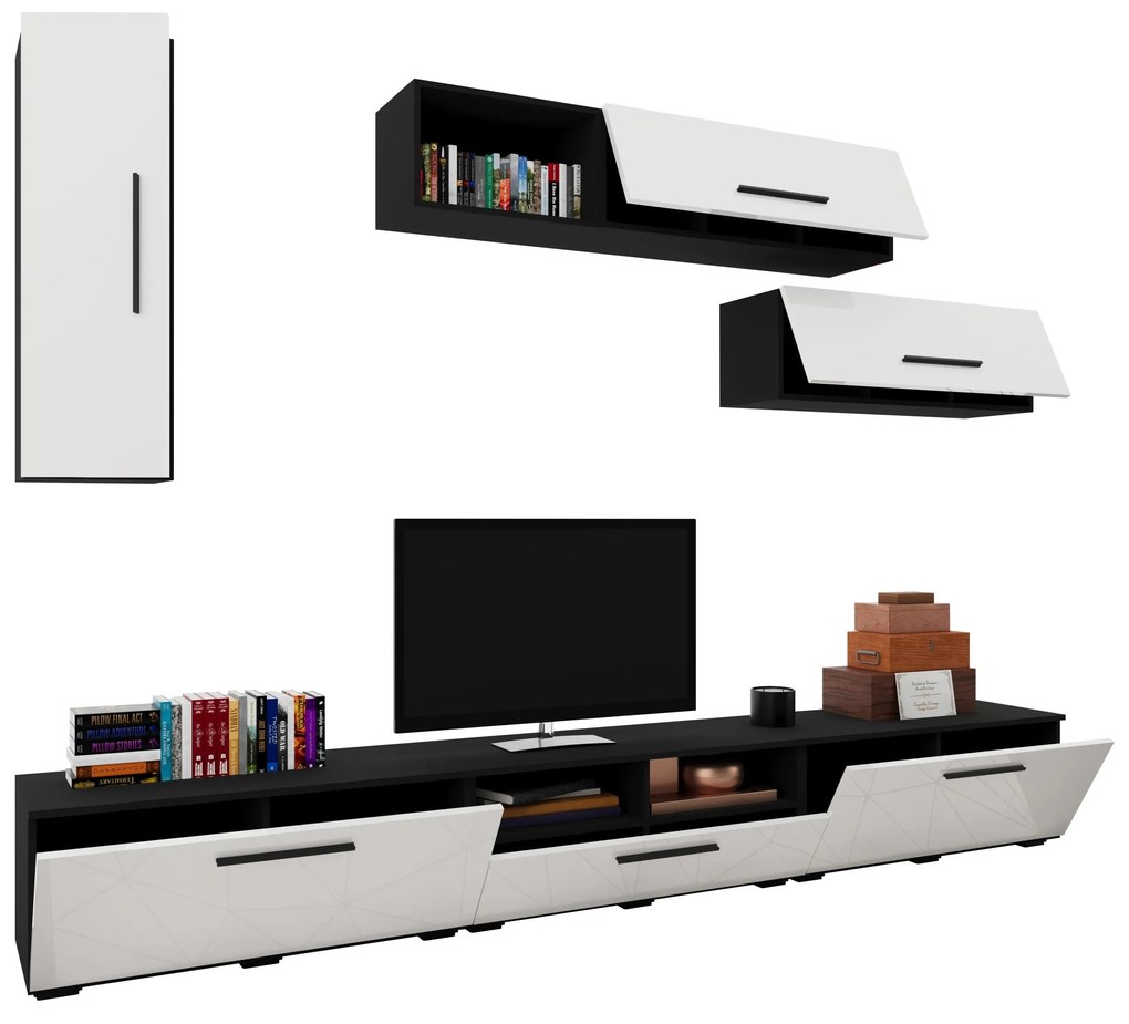 Living Kos V19, Negru/Alb Lucios, MDF, L 285 cm