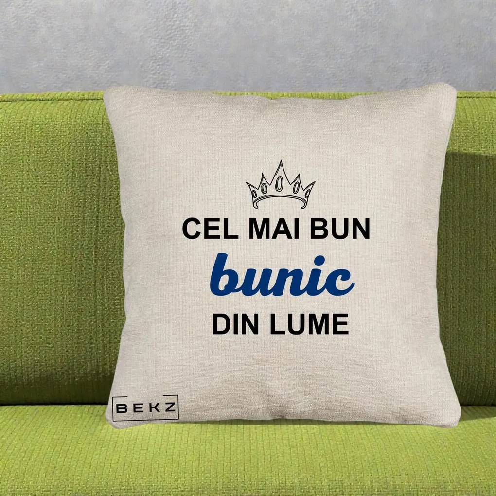 Cadou pentru Bunic - Perna Personalizata Cel Mai Bun Bunic Din Lume Coroana Albastra, 40x40 cm, Bej Canapea, Husa Detasabila, Perna Inclusa, BEKZ®